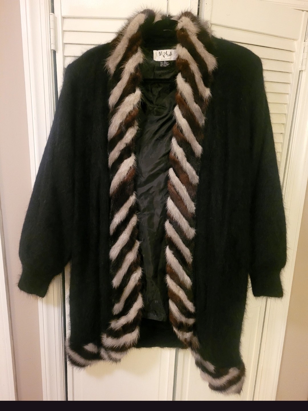 Talk of the Walk Black Open-Front Sweater with Brown & Cream Faux Fur Trim
